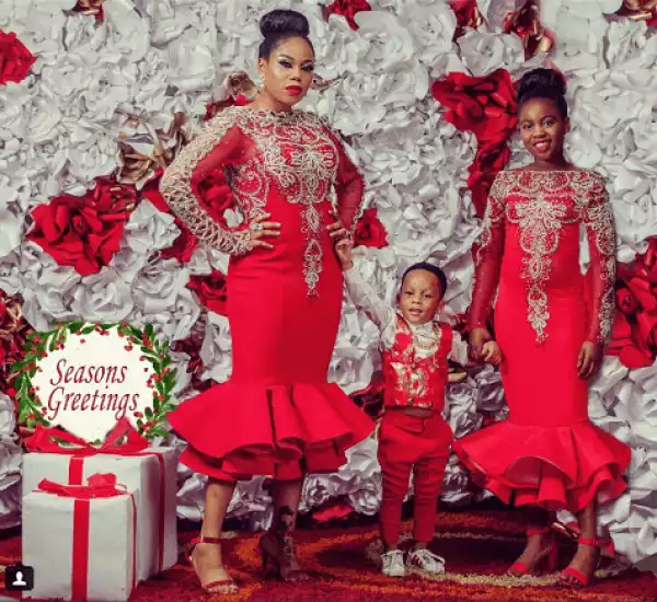 Toyin Lawani, daughter & son stun in Christmas photoshoot